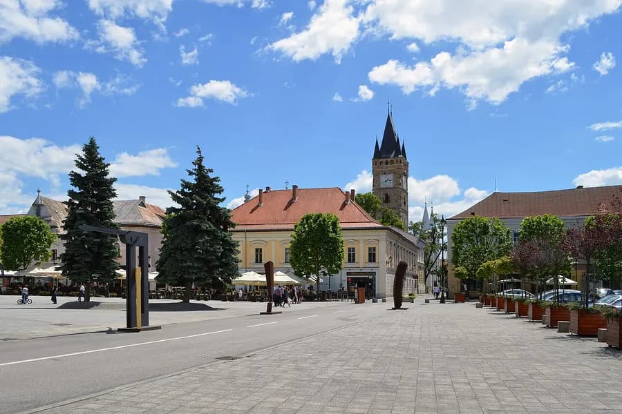 Piața Libertății din Baia Mare, cu Turnul Ștefan în fundal.