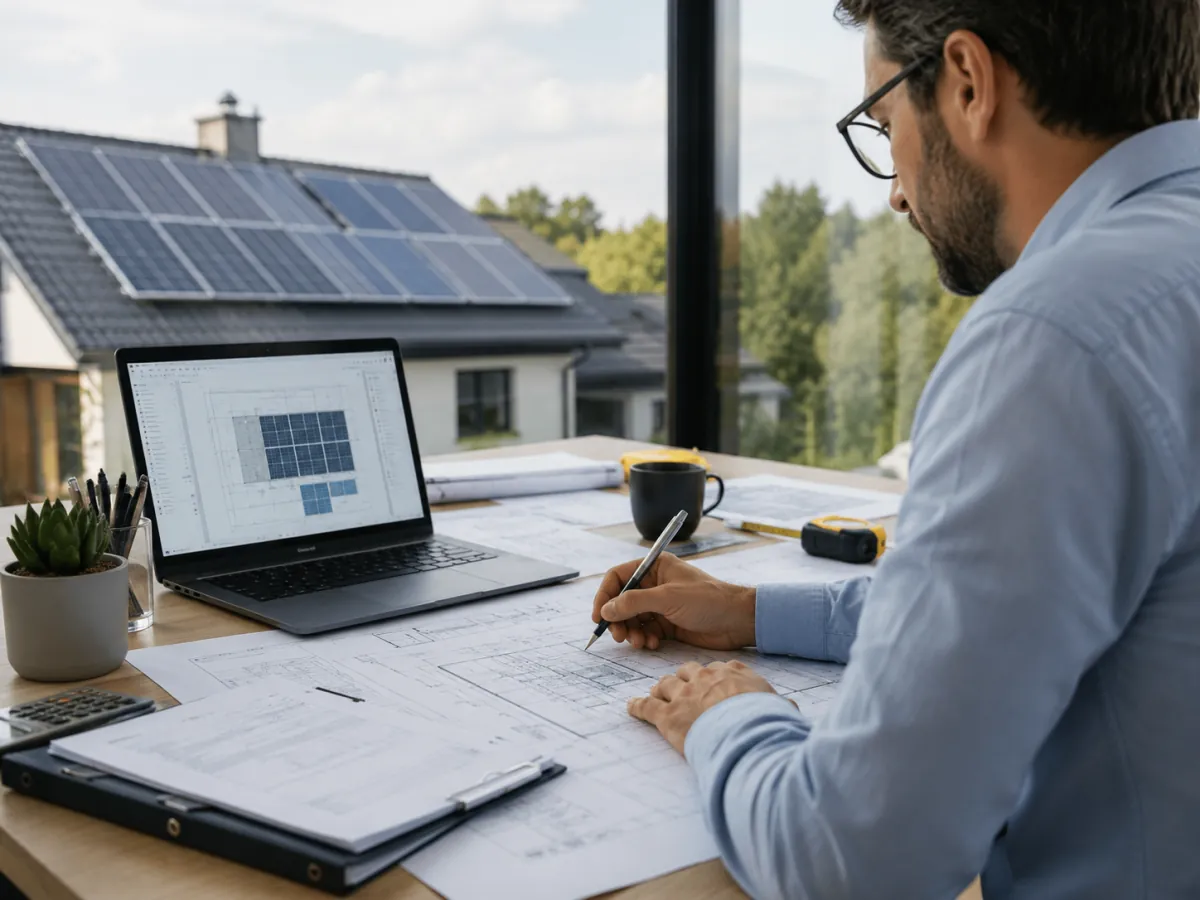 Inginer proiectând schema unui sistem fotovoltaic pe laptop și pe planșe