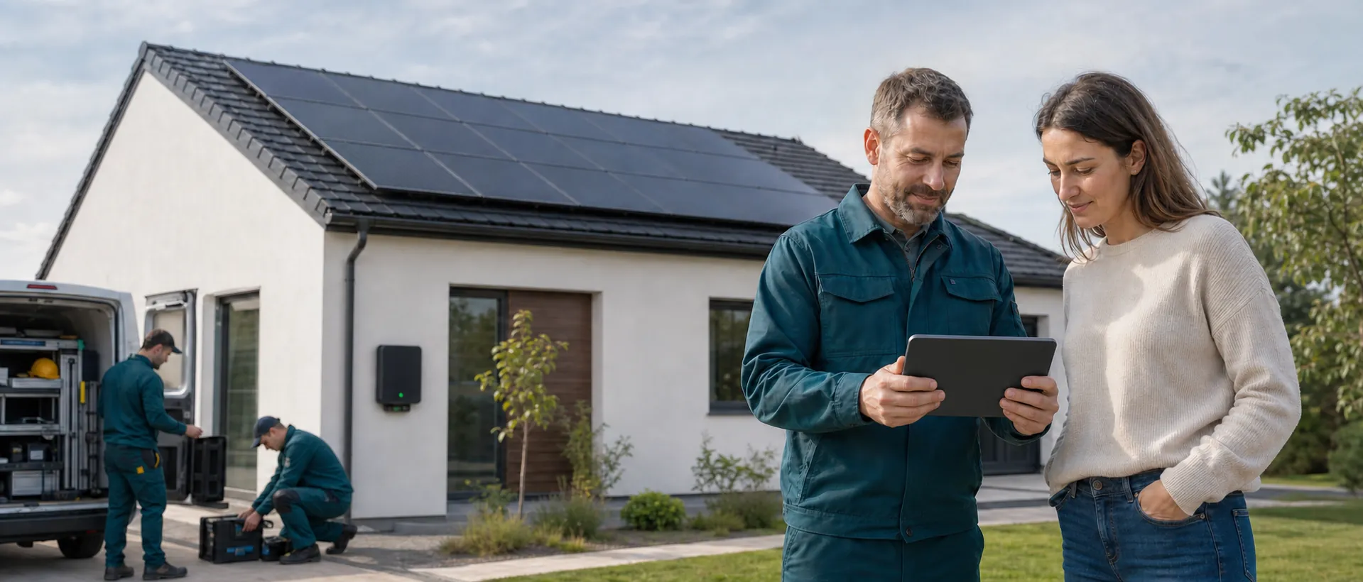 Instalator prezentând aplicația de monitorizare pe tabletă, în fața unei case cu panouri fotovoltaice pe acoperiș.