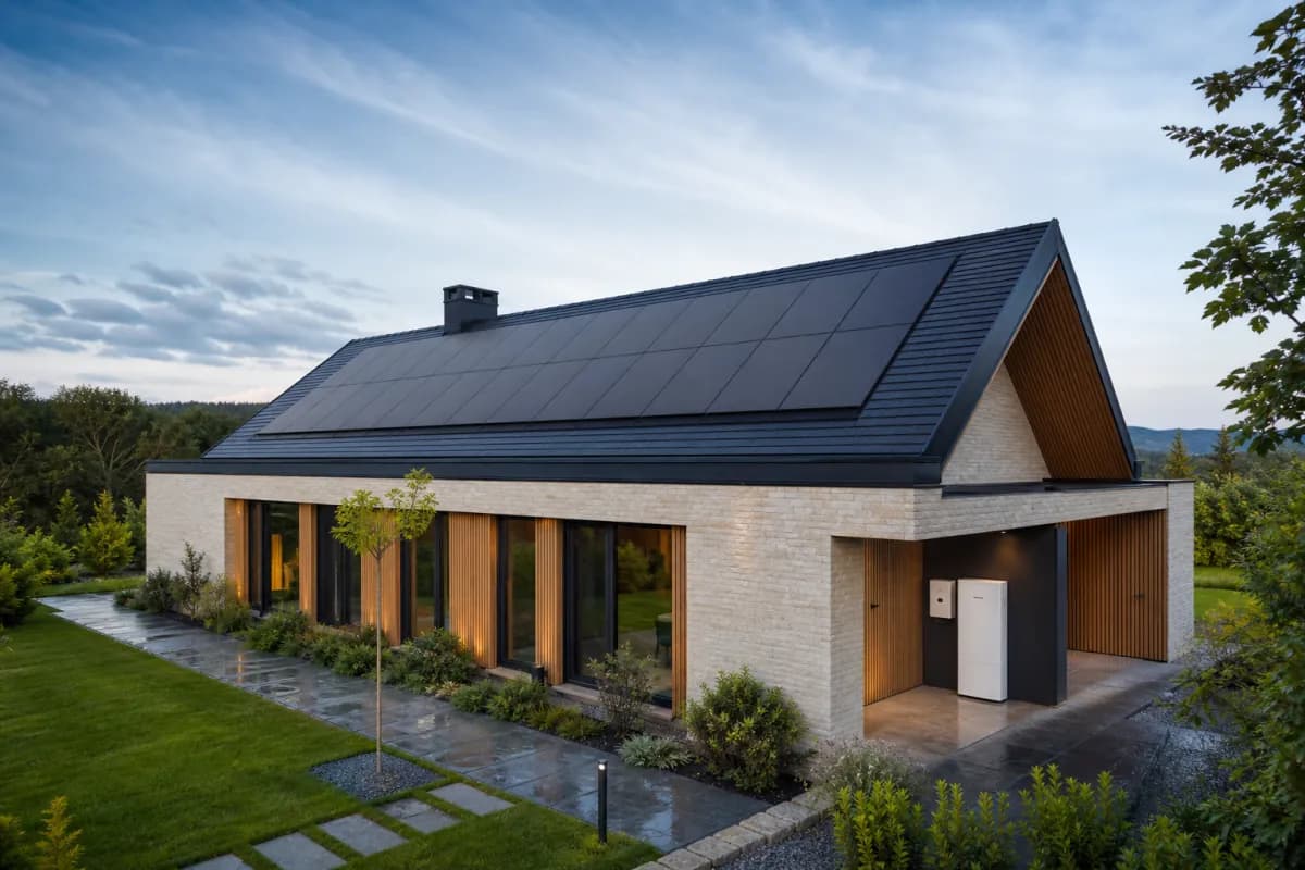 Casă modernă cu panouri fotovoltaice integrate pe acoperiș și baterie de stocare montată lângă intrare