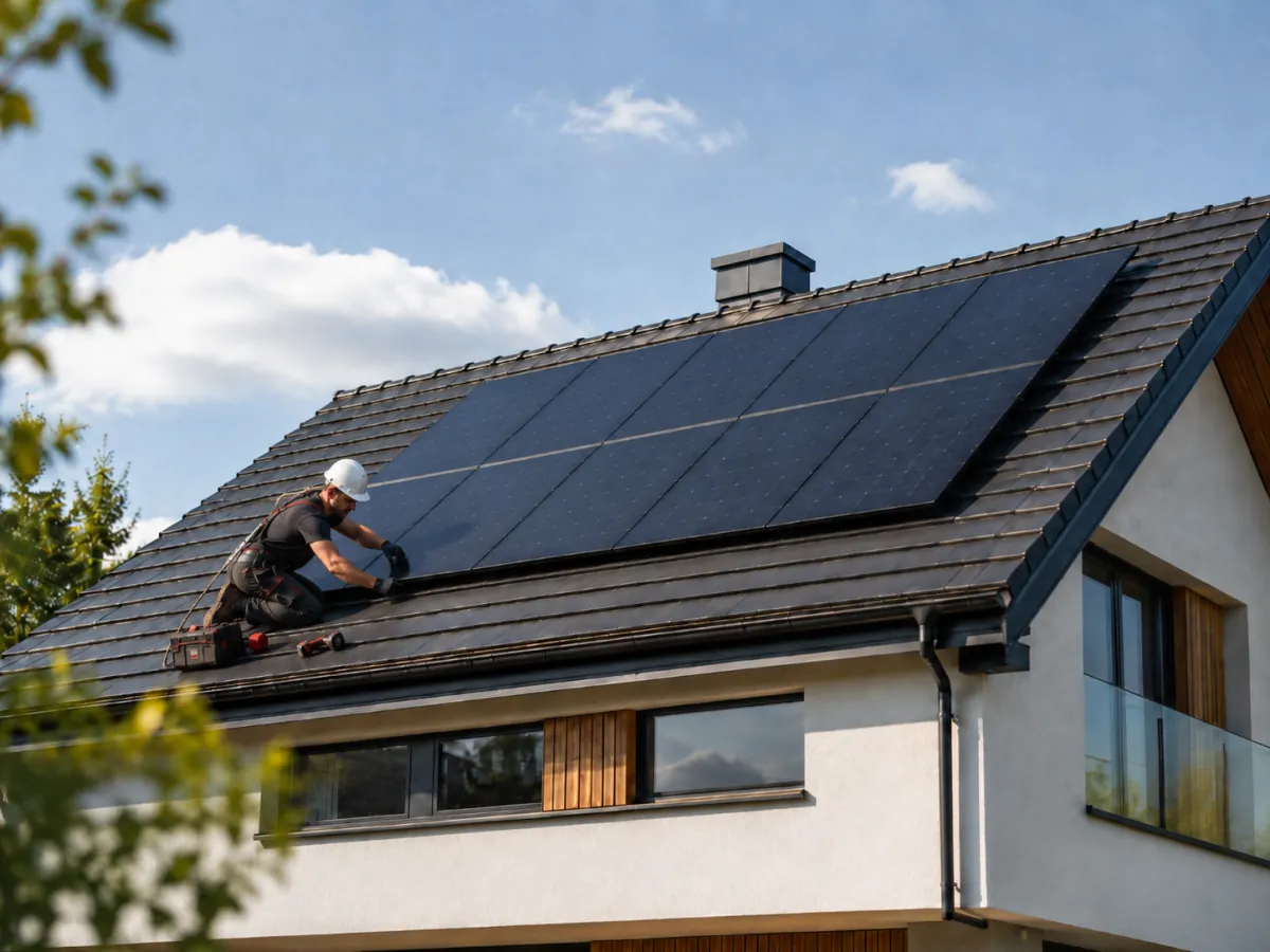 Tehnician verificând panourile fotovoltaice pe acoperișul unei case