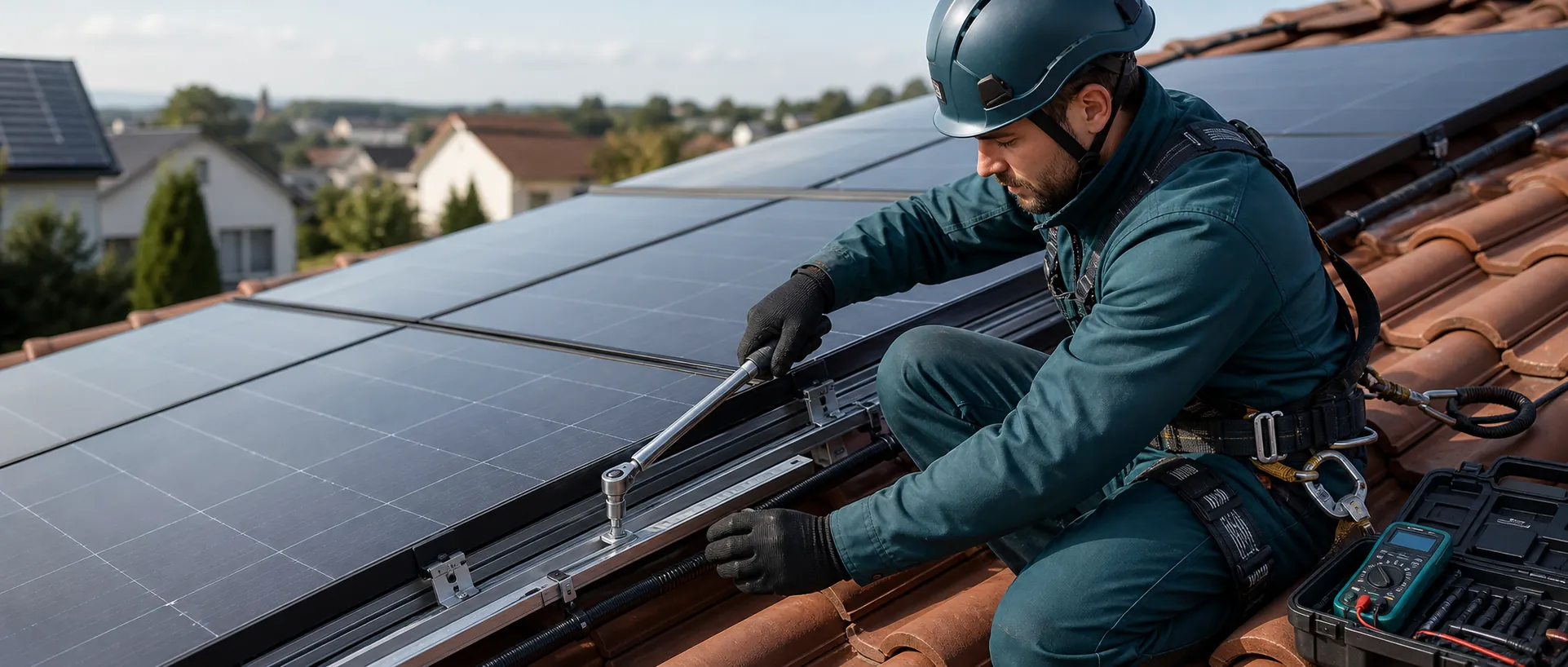 Instalator cu echipament de siguranță fixând clemele unui panou fotovoltaic pe un acoperiș cu țiglă ceramică.
