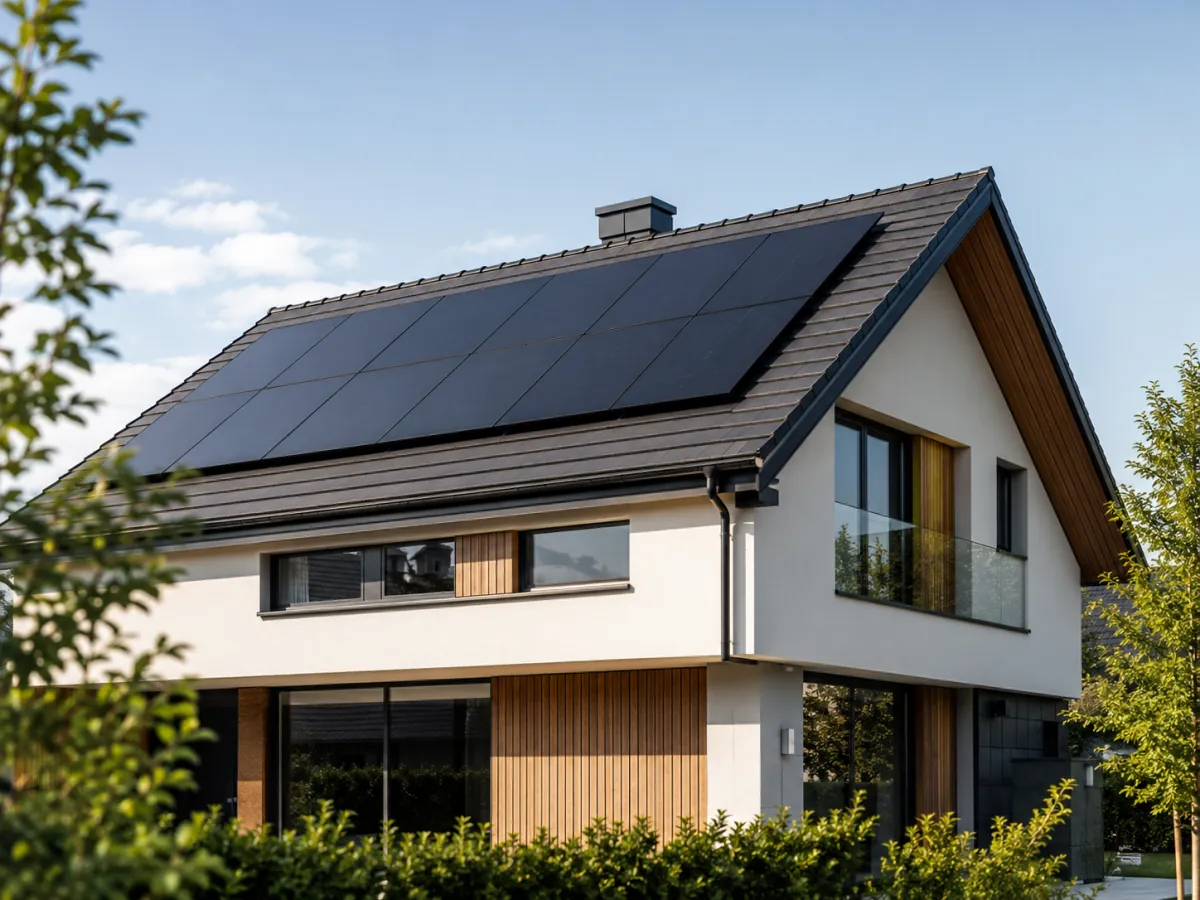 Casă cu sistem fotovoltaic all-black montat pe acoperiș
