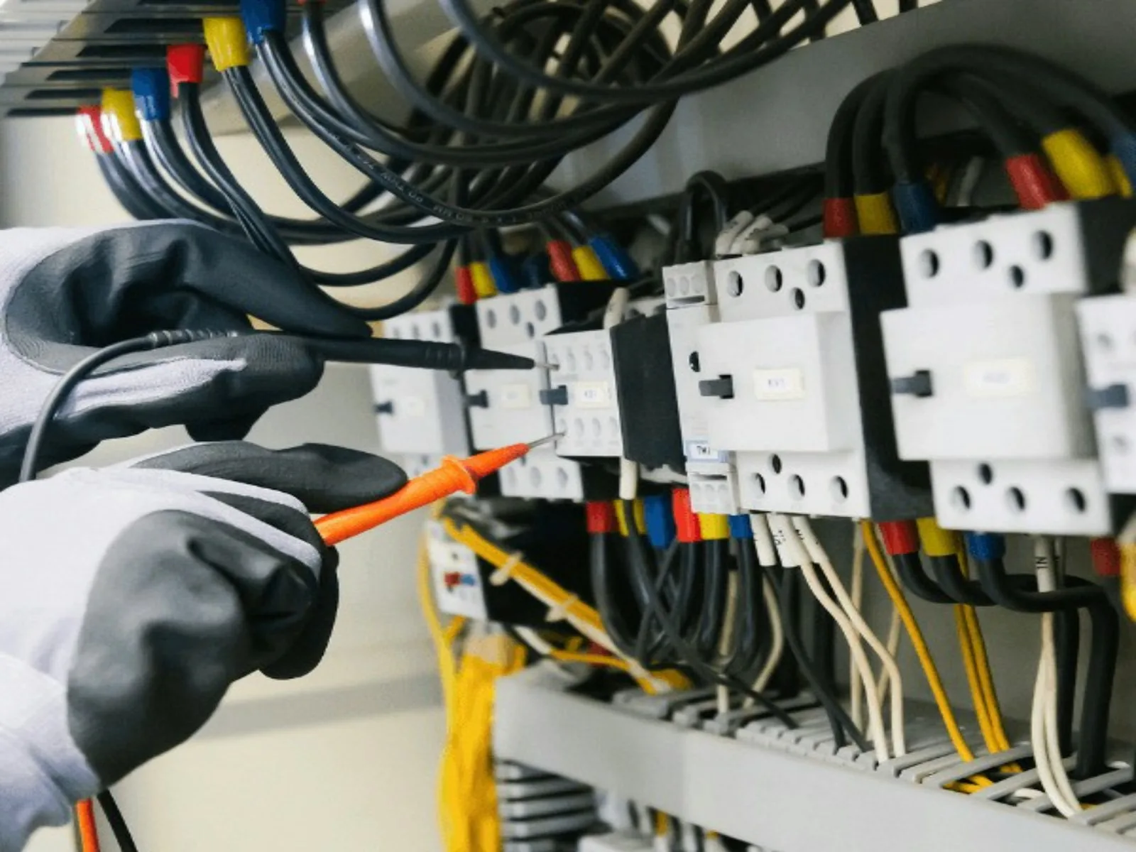 Electrician cu mănuși conectând cablajul unui invertor fotovoltaic